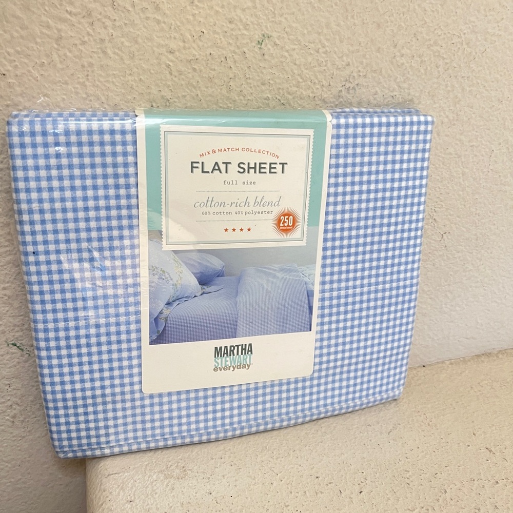 VTG NIP Martha Stewart Everyday  Cornflower Blue Gingham Full size‎ Flat Sheet